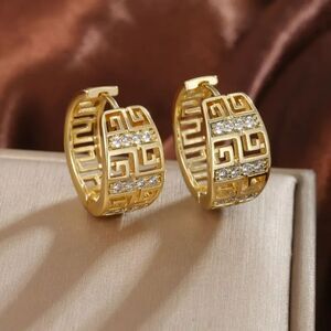 "Louise" 18k Gold Geometric Ethnic Style Huggie Hoop Earrings CZ Accent